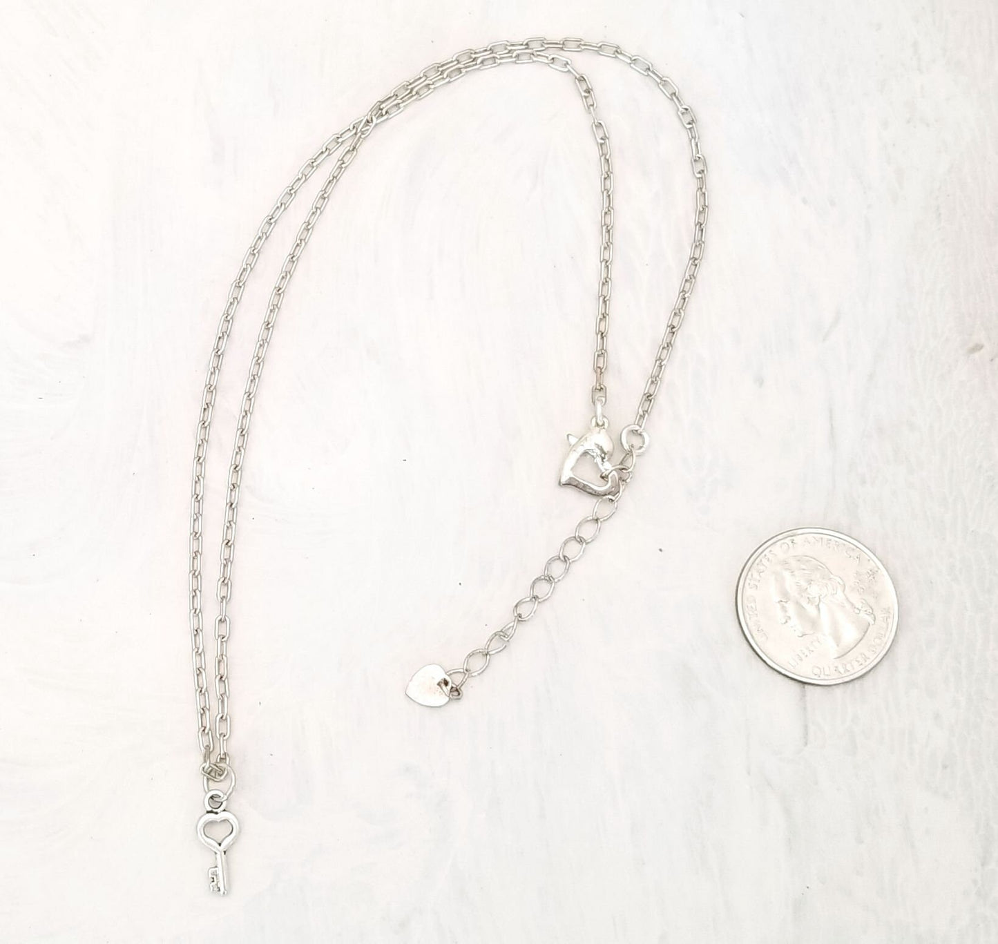 Chain Necklace, Silver Color, with Tiny Heart Key, Lobster Clasp, Adjustable from 18-20 inches, 45.3-50.8 cm