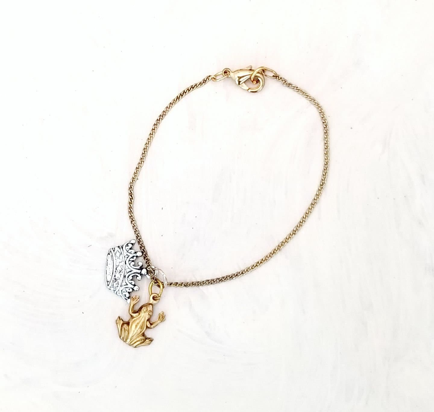 Frog Prince Fairytale Chain Bracelet, Antique Gold Color, with Brass Frog + Silver Crown, Lobster Clasp, 7.5 inches, 19 cm, Minimalist
