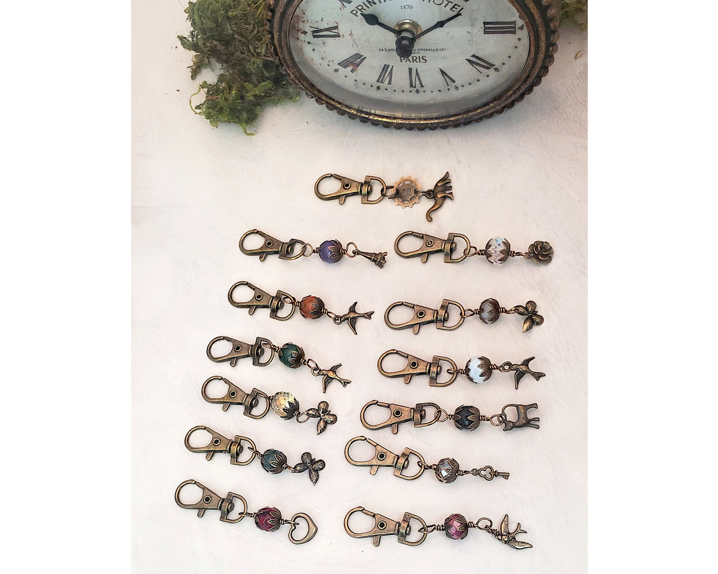 Wire Wrapped Clip or Purse Charm in Antique Bronze, Pink with Bird Charm, Cellphone Charm, Choice of Colors and Metals