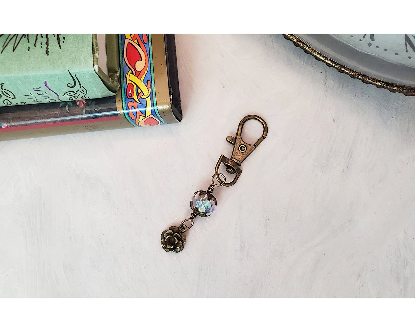 Wire Wrapped Clip or Purse Charm in Antique Bronze, Clear with Rose Charm, Cellphone Charm, Choice of Colors and Metals
