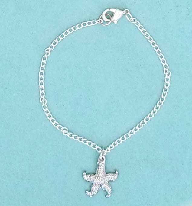Chain Bracelet, Silver Color, with Starfish Charm, Lobster Clasp, 7.25 inches, 18.4 cm, Minimalist