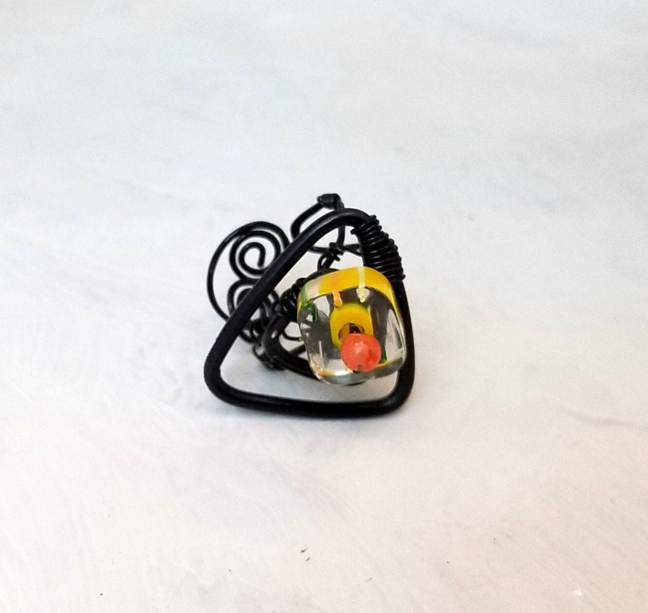 Handmade Wire Statement Ring, Adjustable, Modern Style, Black + Orange + Yellow