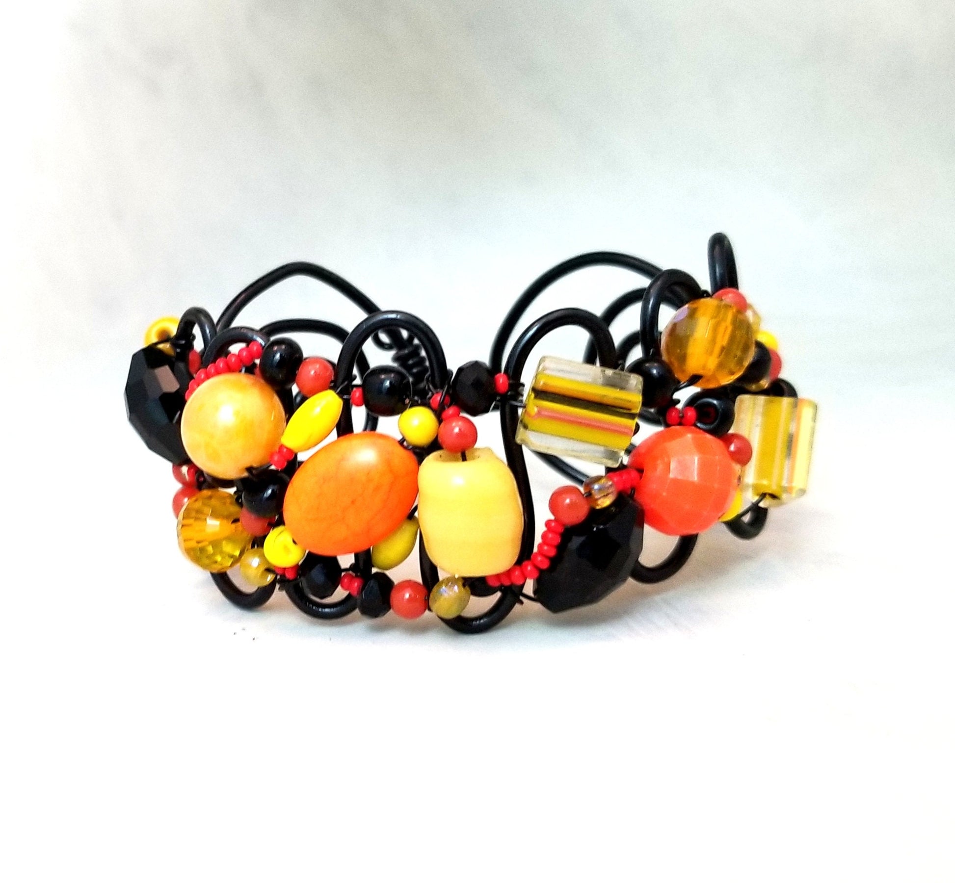 Handmade Wire Statement Cuff Bracelet, Adjustable, OOAK, Black + Yellow + Orange