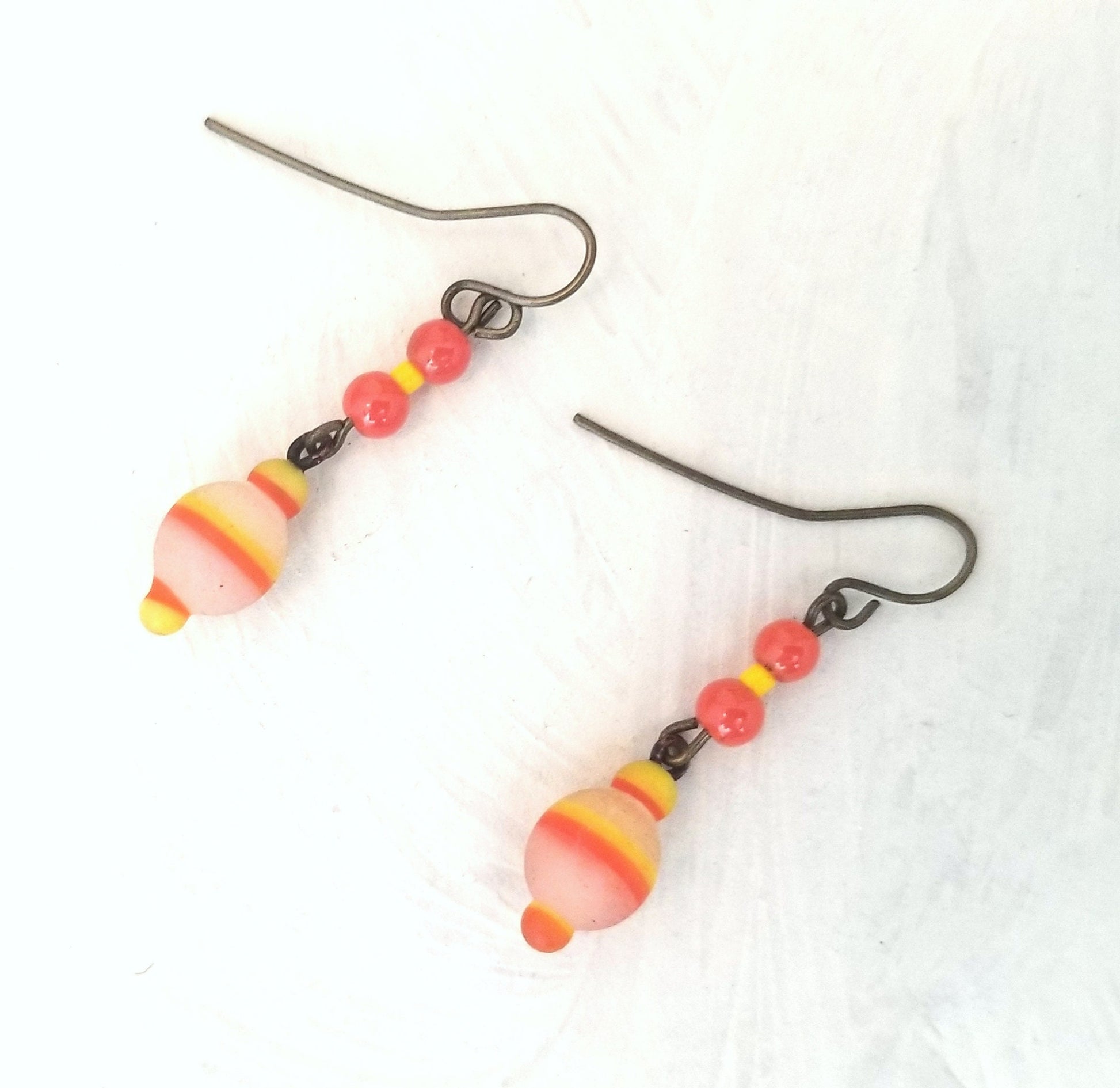 Upcycled Earrings with Vintage Lampwork Glass Beads Boho Style OOAK Handmade Orange & Yellow #914