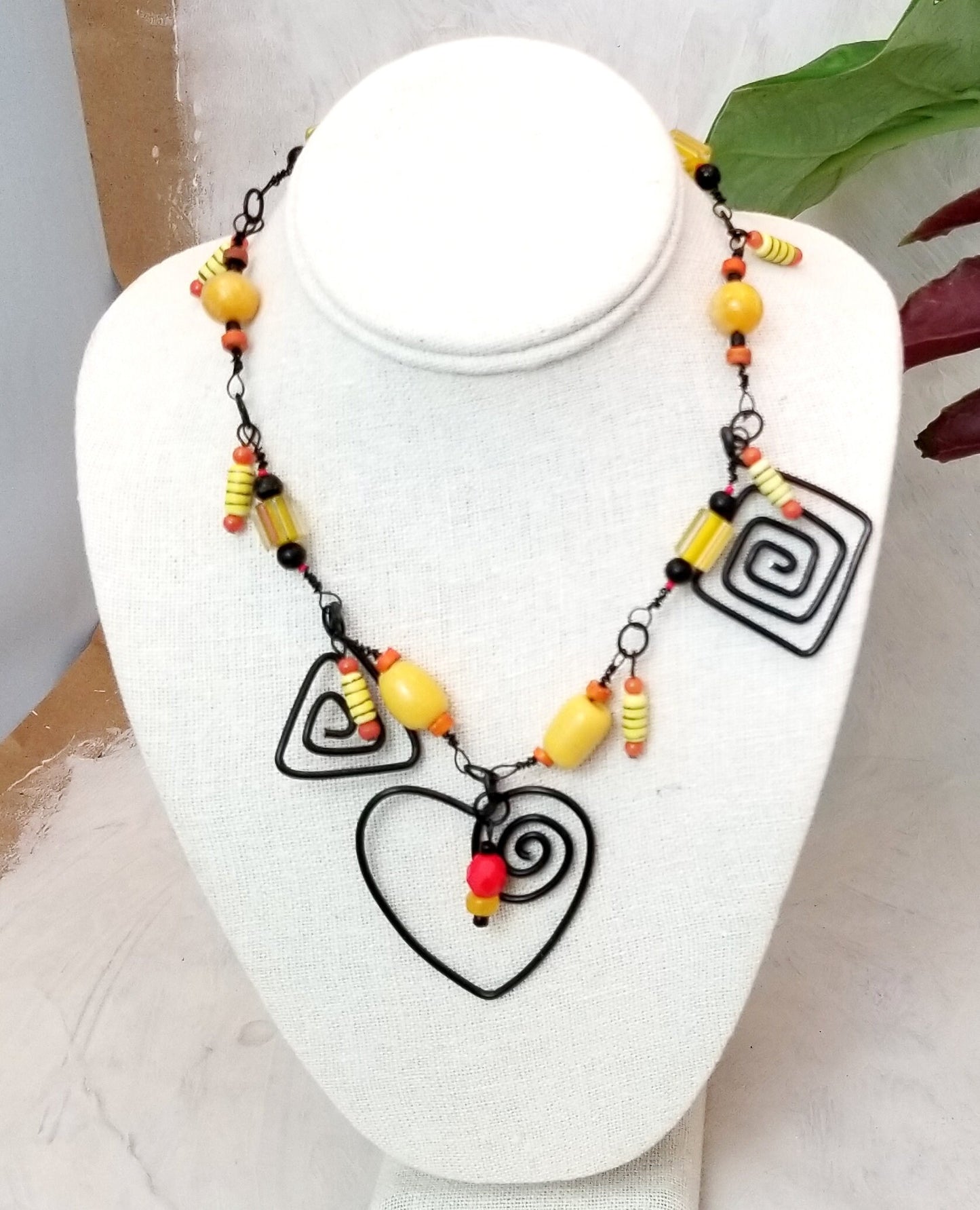 Modern Style Wire Wrapped Necklace in Black, Yellow and Orange, Adjustable, 20" (51 cm), Custom Length Upon Request