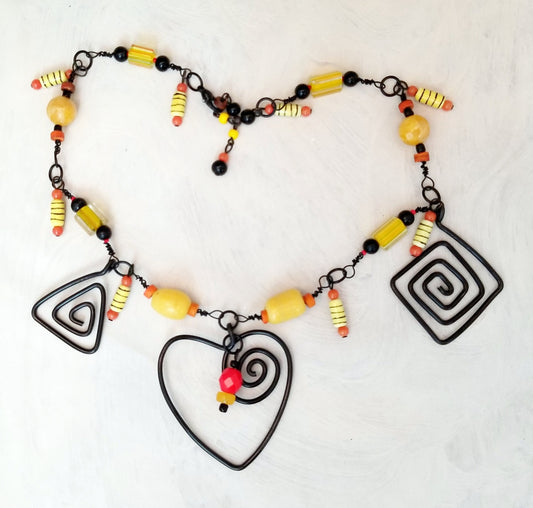 Modern Style Wire Wrapped Necklace in Black, Yellow and Orange, Adjustable, 20" (51 cm), Custom Length Upon Request