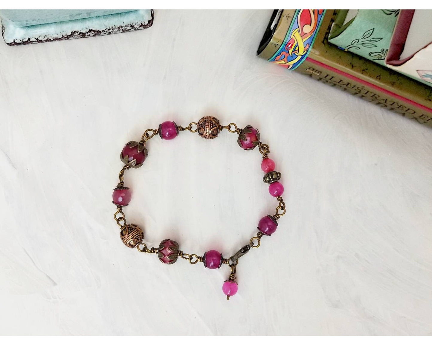 Wire Wrapped Bracelet in Pink, Boho, Bohemian, Gypsy, Renaissance, Medieval, Choice of Colors and Metals