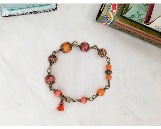 Wire Wrapped Bracelet in Orange, Boho, Bohemian, Gypsy, Renaissance, Medieval, Choice of Colors and Metals