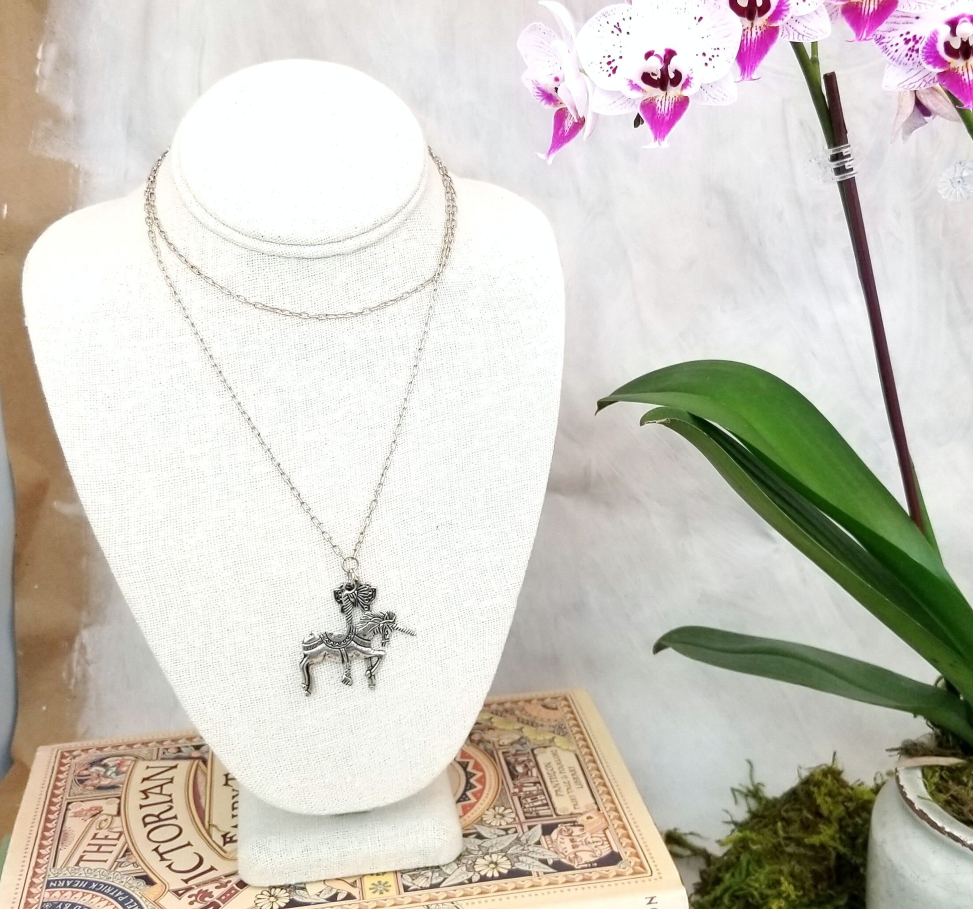 Long Chain Necklace, Silver Color, with Unicorn Carousel Horse + Butterfly, 31 inches, 78.8 cm, Layering