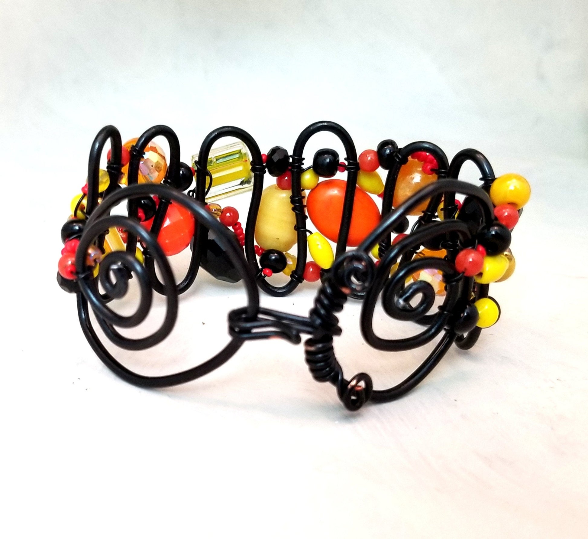 Handmade Wire Statement Cuff Bracelet, Adjustable, OOAK, Black + Yellow + Orange