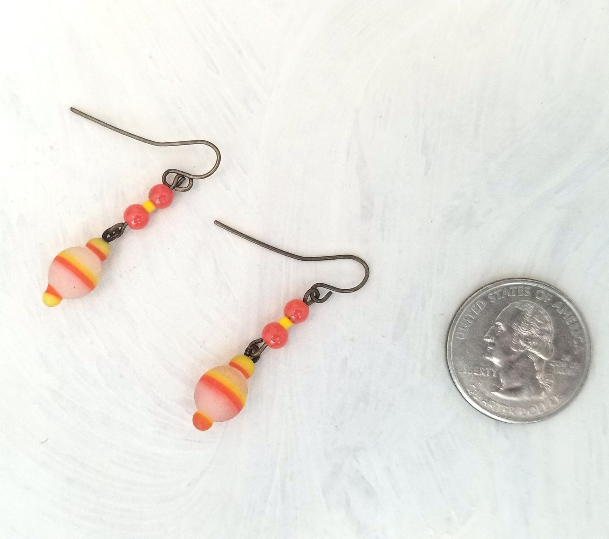 Upcycled Earrings with Vintage Lampwork Glass Beads Boho Style OOAK Handmade Orange & Yellow #914