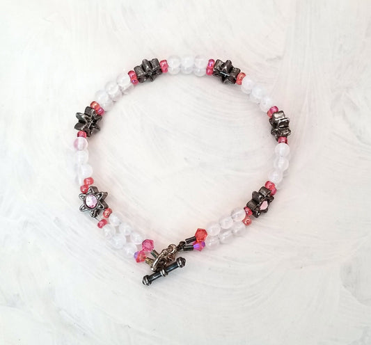 Beaded Bracelet with Antiqued Silver Toggle, Pink and White, Swarovski Crystals