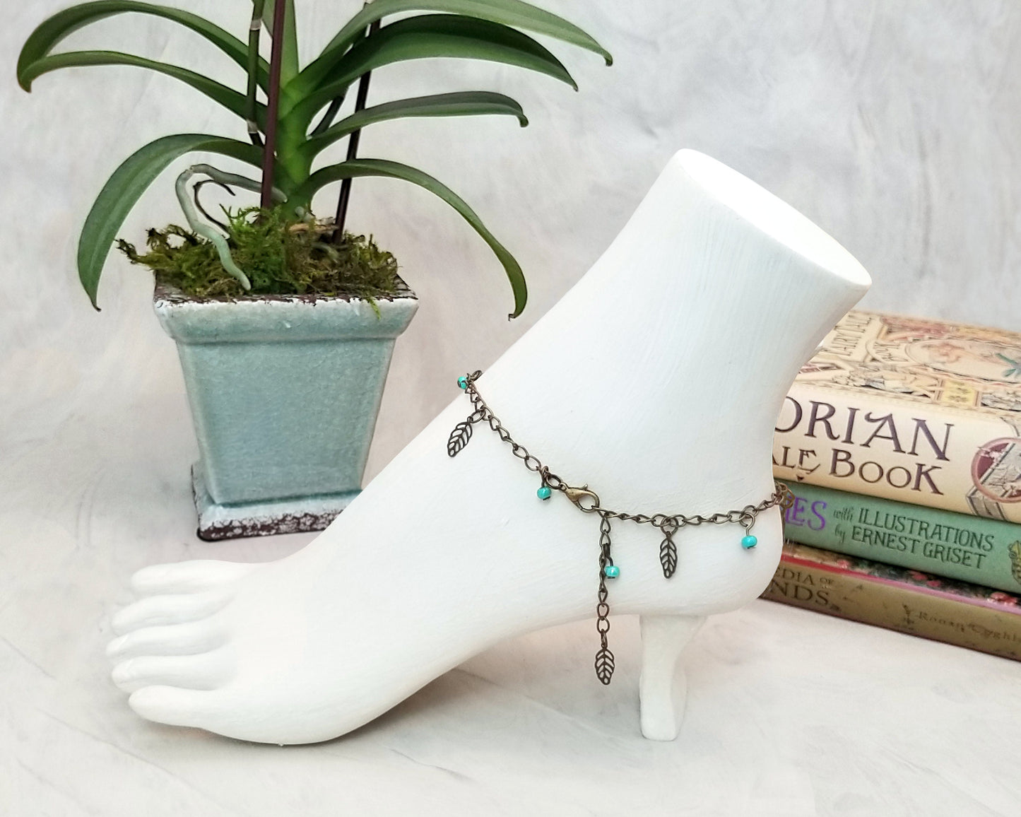 Chain Anklet or Bracelet in Turquoise Blue, Adjustable, Beach, Boho, Bohemian, Gypsy, Steampunk, Choice of Colors and Metals