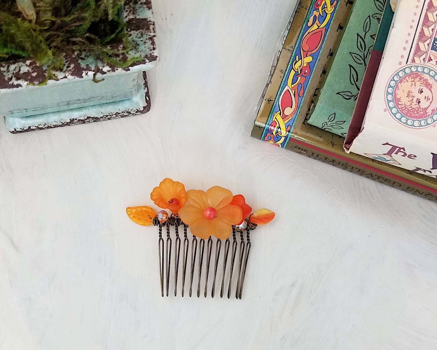 Wire Wrapped Lucite Flower Comb in Orange, Bridesmaid, Wedding, Floral, Garden, Party, Boho, Bohemian, Choice of Colors and Metals