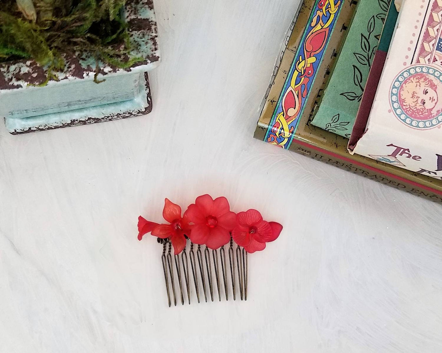 Wire Wrapped Lucite Flower Comb in Red, Bridesmaid, Wedding, Floral, Garden, Party, Boho, Bohemian, Choice of Colors and Metals
