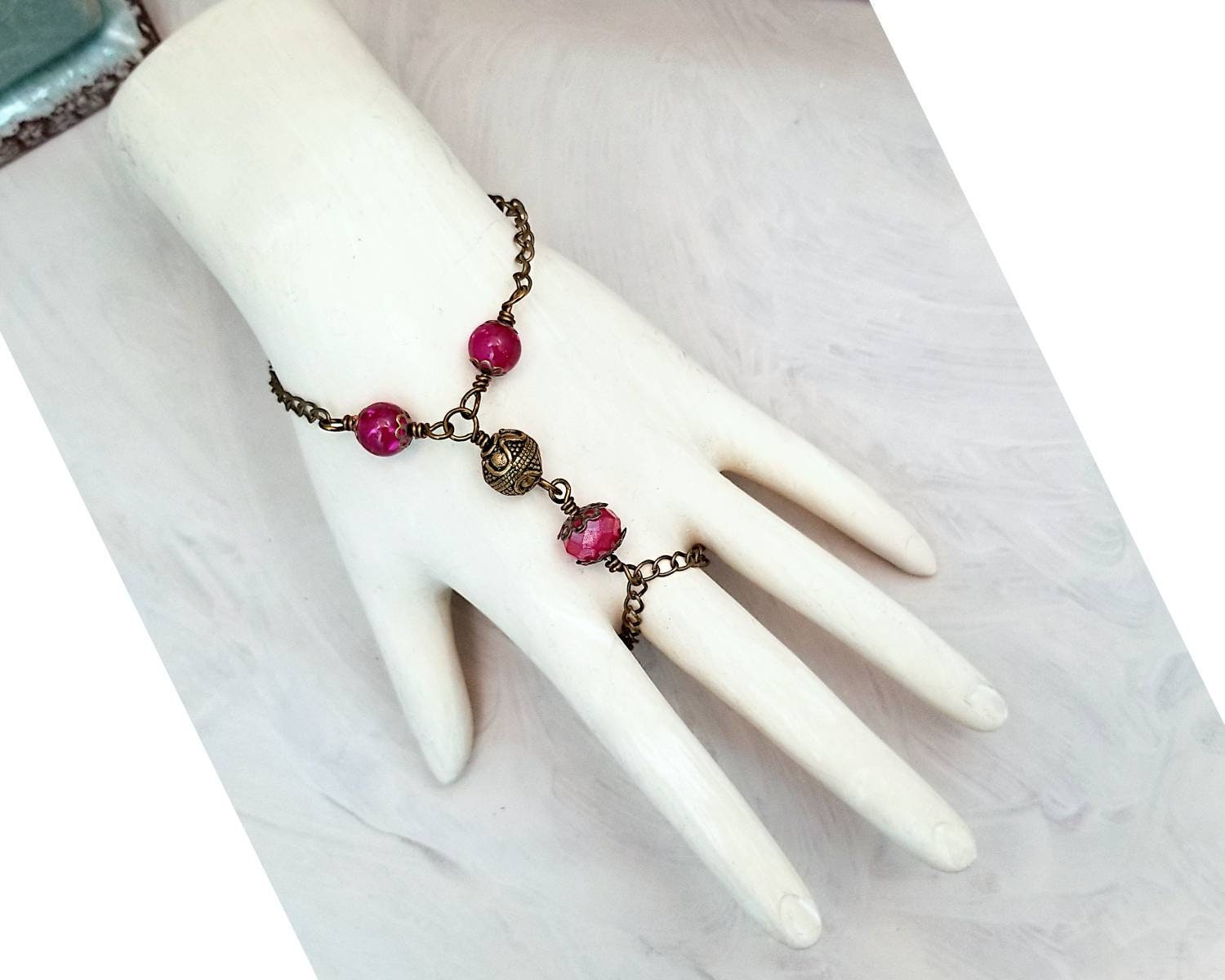 Wire Wrapped Hand Flower Bracelet in Pink, Boho, Bohemian, Gypsy, Wedding, Bridesmaid, Renaissance, Medieval, Choice of Colors and Metals