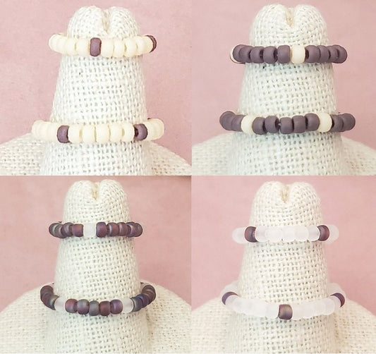 Elastic Rings in Earthy Purple + Cream + Clear, Set of 2, Simple, Boho, Bohemian, Minimalist, Stackable, Choice of Colors, Group AA