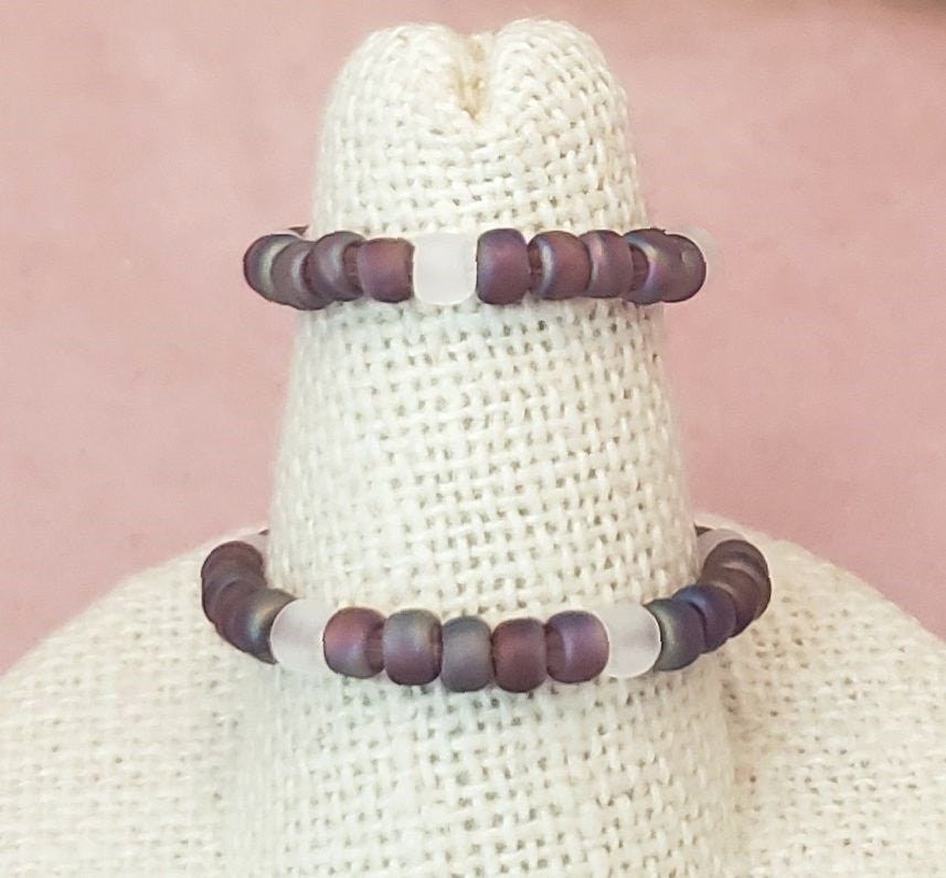 Elastic Rings in Earthy Purple + Cream + Clear, Set of 2, Simple, Boho, Bohemian, Minimalist, Stackable, Choice of Colors, Group AA