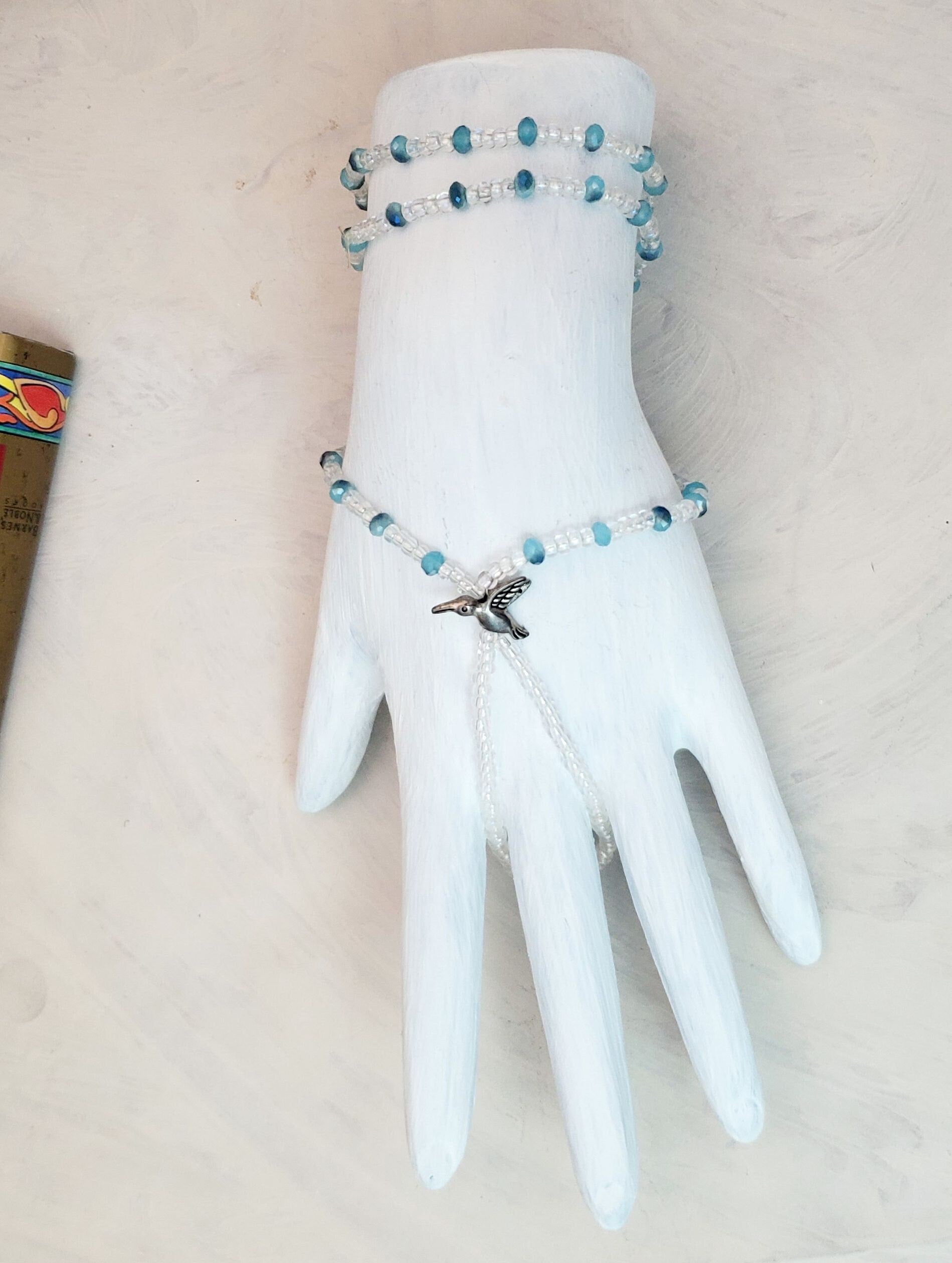 Elastic Beaded Barefoot Sandal or Hand Flower in Clear + Aqua Blue w/Hummingbird, Boho, Bohemian, Gypsy, Wedding, Bridesmaid, Shiny Beads