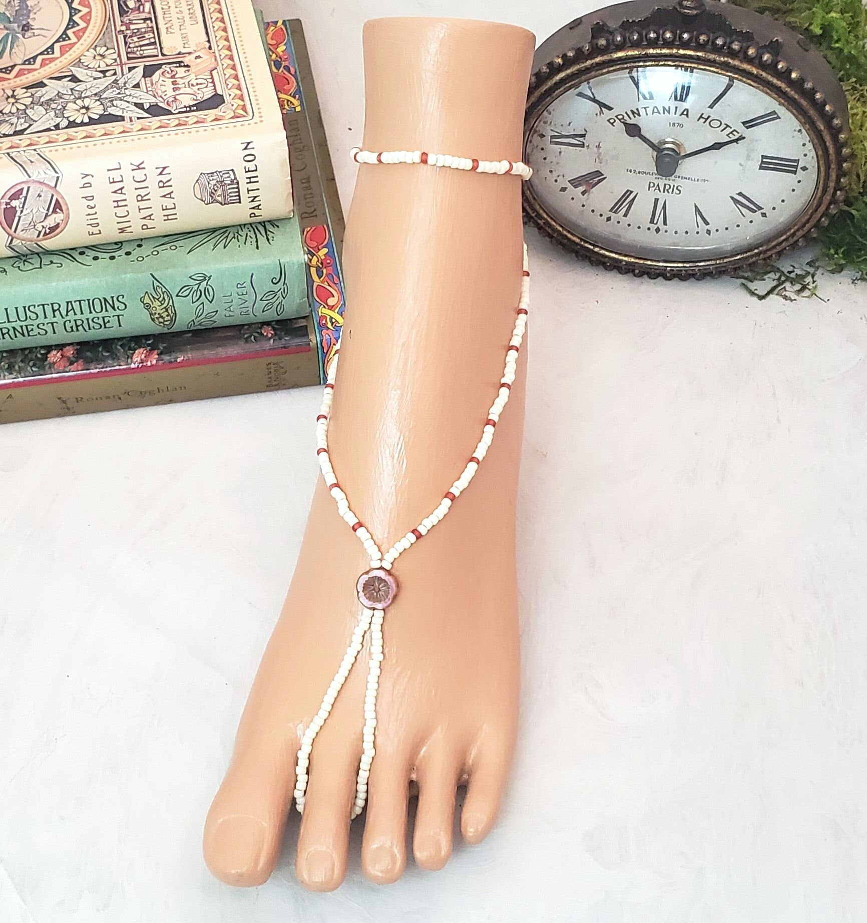 Elastic Beaded Barefoot Sandal or Hand Flower in Opaque White/Ivory + Coral + Red, Boho, Bohemian, Gypsy, Wedding, Bridesmaid
