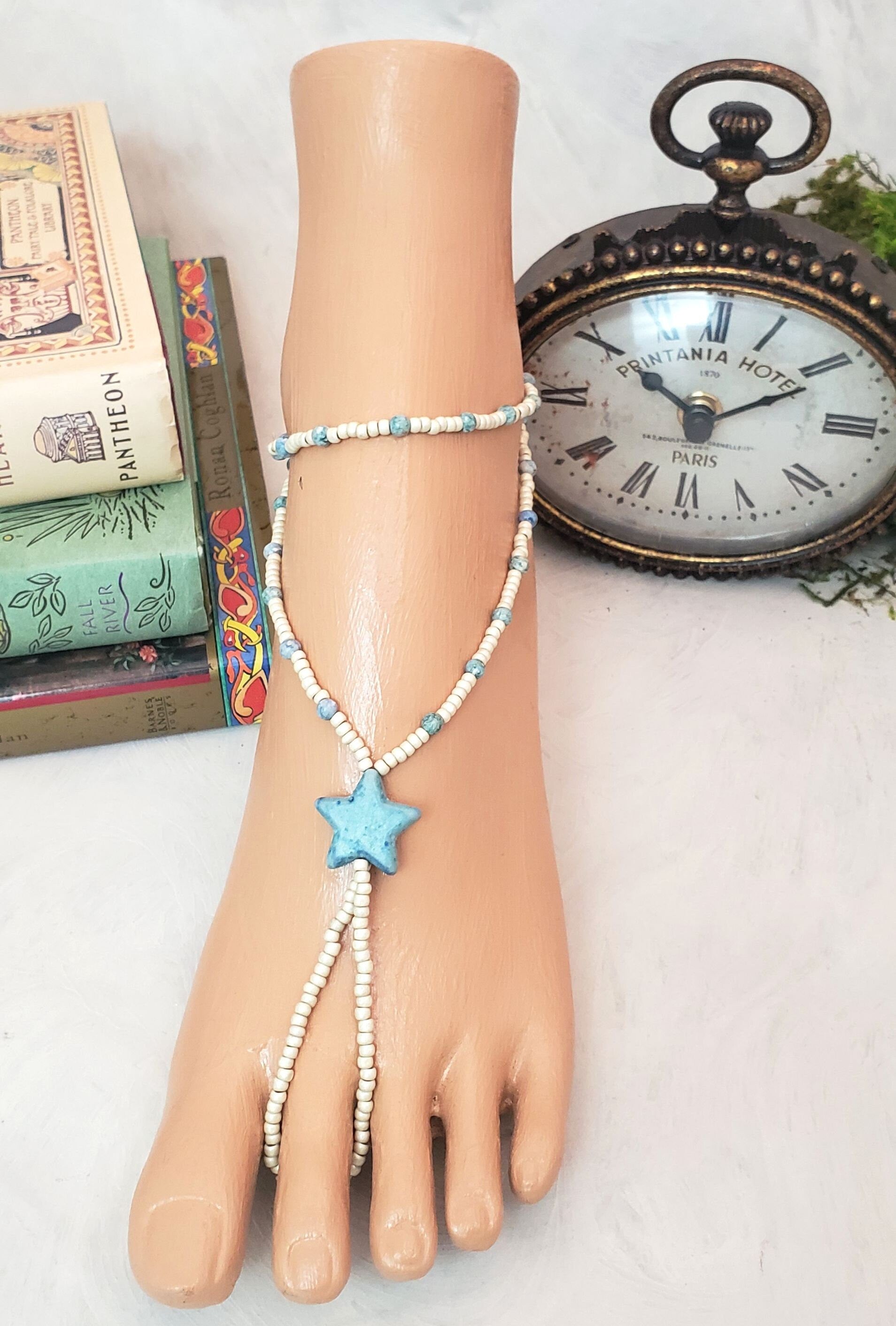 Elastic Beaded Barefoot Sandal or Hand Flower in Opaque White/Ivory + Turquoise Blue with Star, Boho, Bohemian, Gypsy, Wedding, Bridesmaid