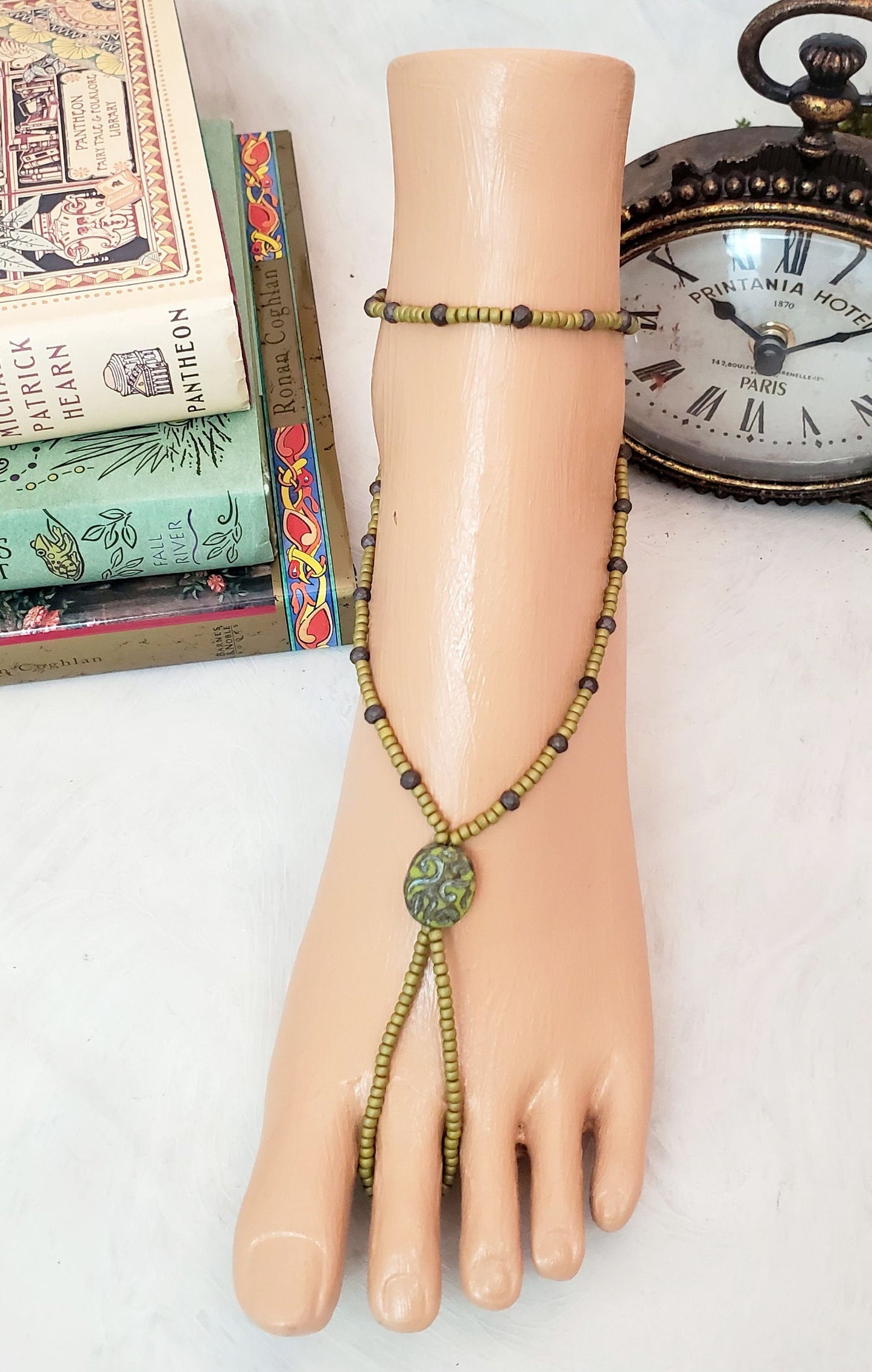Elastic Beaded Barefoot Sandal or Hand Flower in Earthy Golden Olive Green + Lava Brown, Boho, Bohemian, Gypsy, Wedding, Bridesmaid