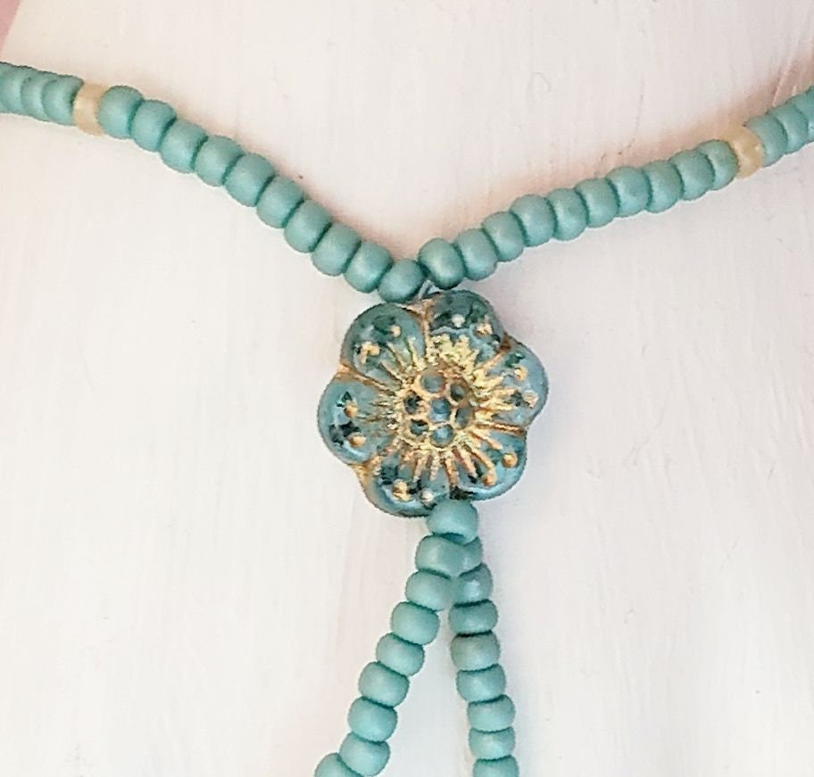 Elastic Beaded Barefoot Sandal or Hand Flower in Turquoise/Teal/Blue/Green + Gold, Boho, Bohemian, Gypsy, Wedding, Bridesmaid, Matte Beads