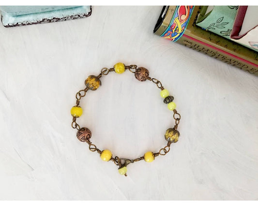 Wire Wrapped Bracelet in Yellow, Boho, Bohemian, Gypsy, Renaissance, Medieval, Choice of Colors and Metals
