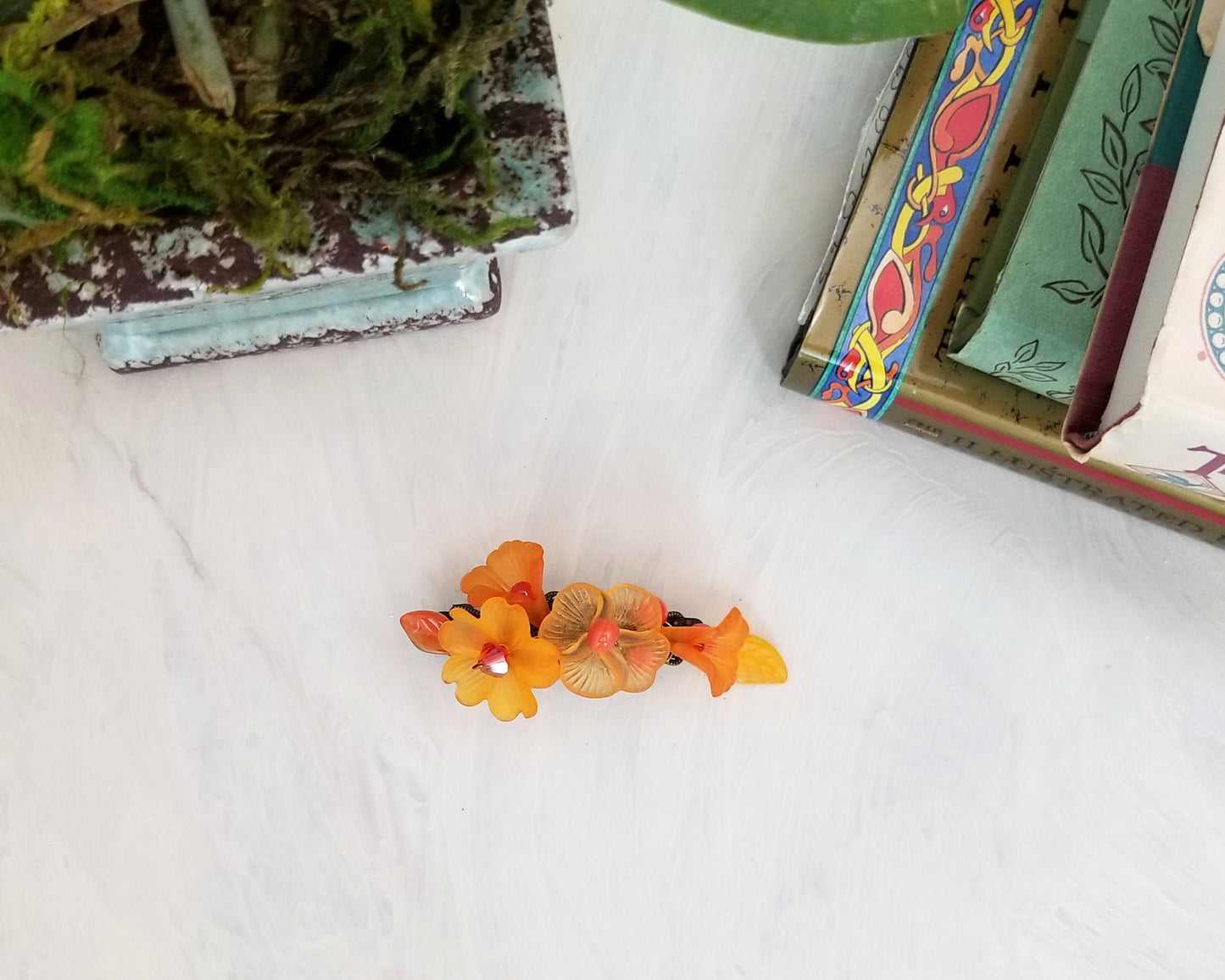 Wire Wrapped Lucite Flower Barrette in Orange, Bridesmaid, Wedding, Floral, Garden, Boho, Bohemian, Choice of Colors and Metals