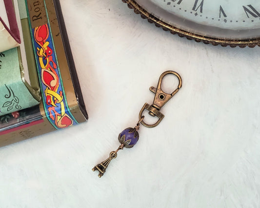 Wire Wrapped Clip or Purse Charm in Antique Bronze, Purple with Eiffel Tower Charm, Cellphone Charm, Paris, Choice of Colors and Metals