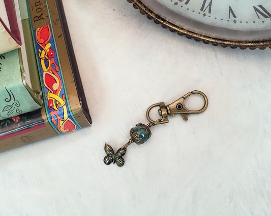 Wire Wrapped Clip or Purse Charm in Antique Bronze, Teal Blue Agate w/Butterfly Charm, Cellphone Charm, Paris, Choice of Colors and Metals