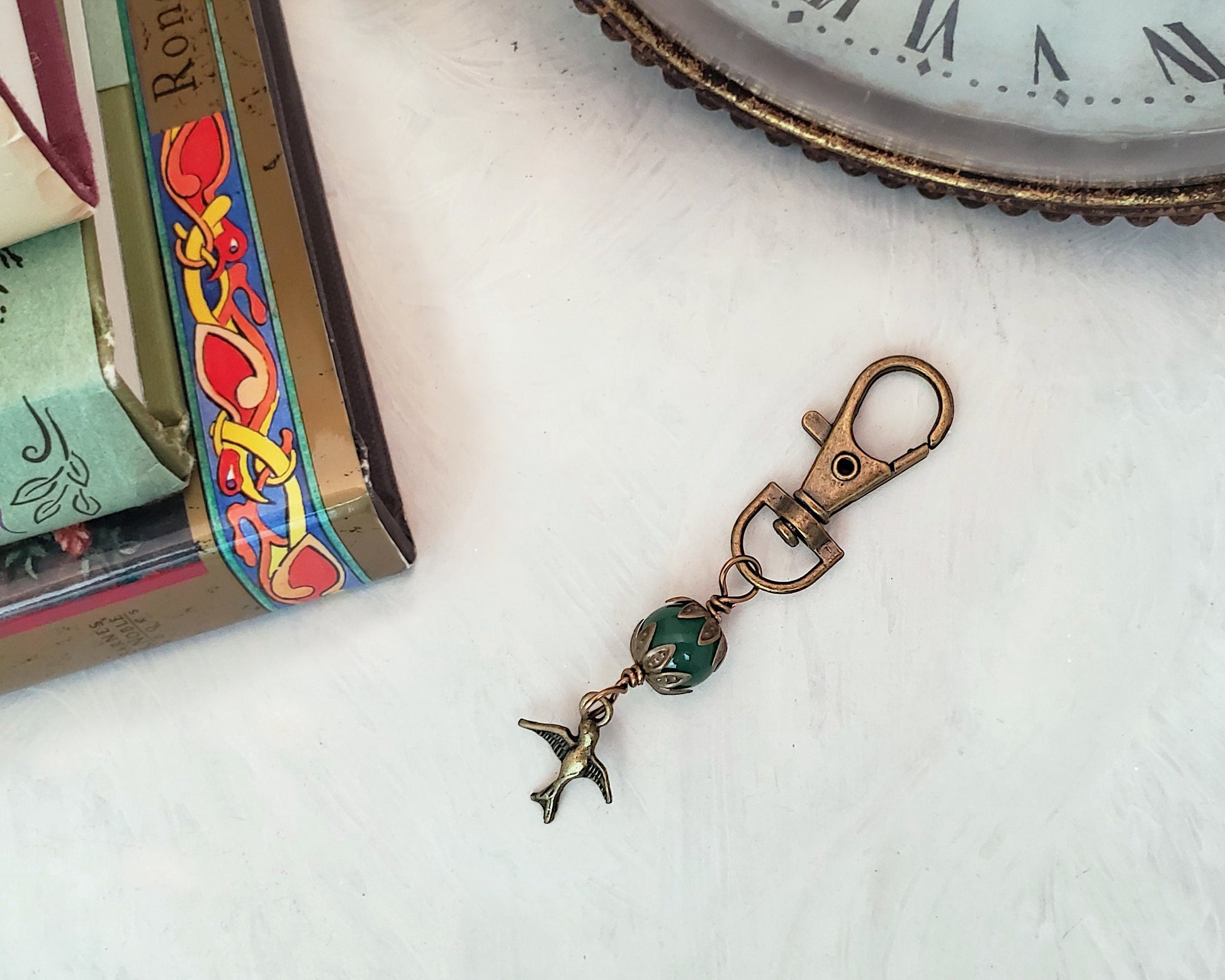 Wire Wrapped Clip or Purse Charm in Antique Bronze, Emerald Green with Bird Charm, Cellphone Charm, Paris, Choice of Colors and Metals