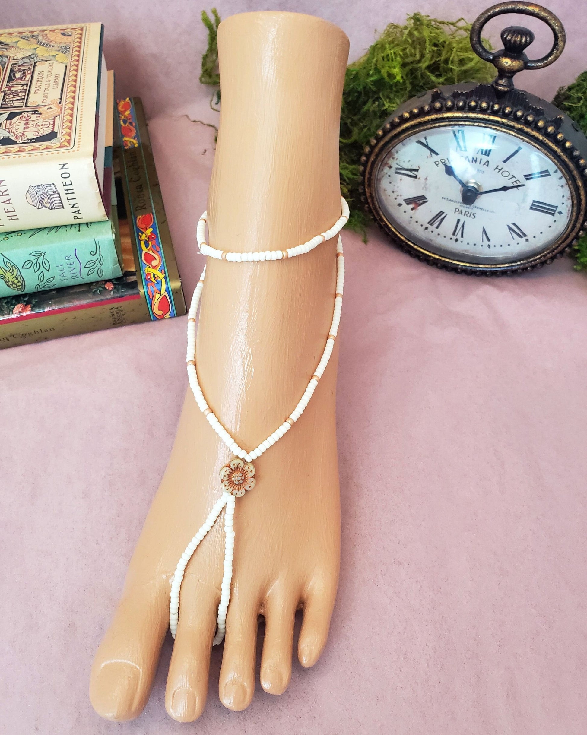 Elastic Beaded Barefoot Sandal or Hand Flower in Beige + White, Boho, Bohemian, Gypsy, Wedding, Bridesmaid, Matte Beads