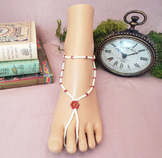 Elastic Beaded Barefoot Sandal or Hand Flower in White w/Red Jade, Boho, Bohemian, Gypsy, Wedding, Bridesmaid, Matte Beads