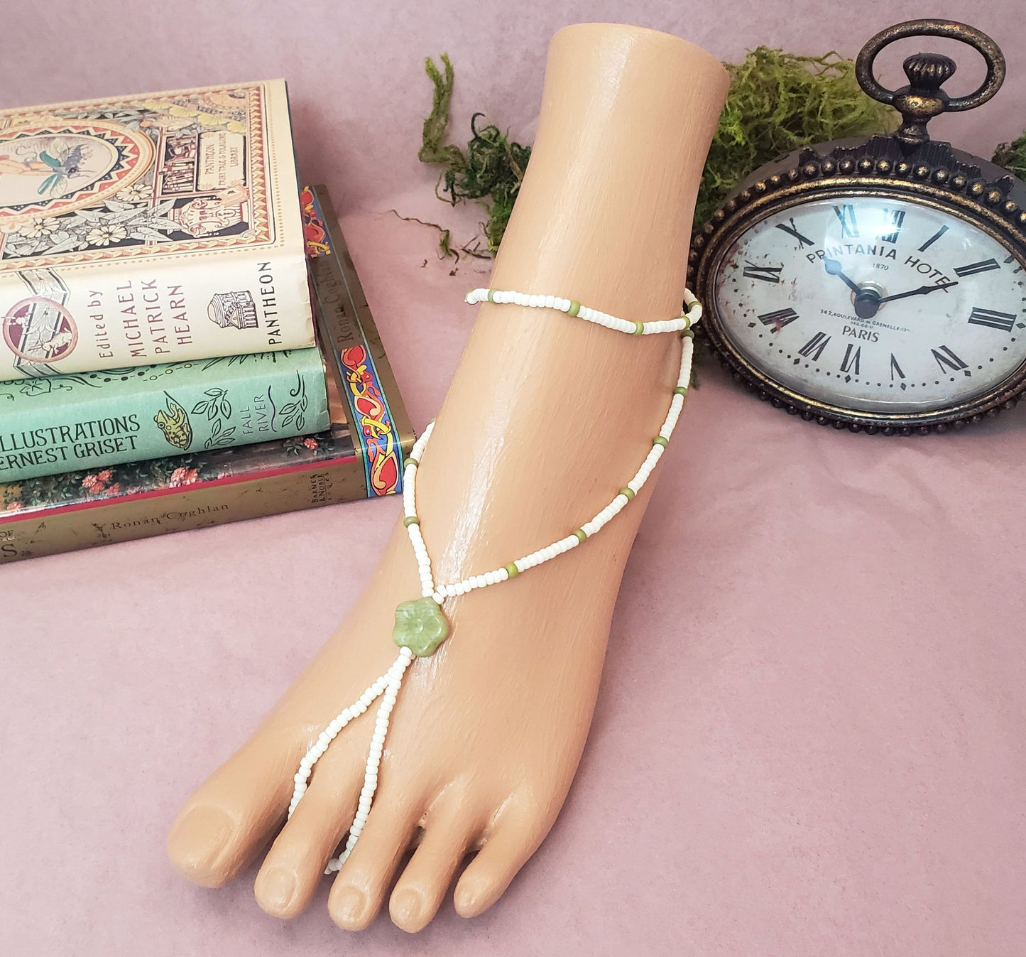 Elastic Beaded Barefoot Sandal or Hand Flower in Olive Green + White, Boho, Bohemian, Gypsy, Wedding, Bridesmaid, Matte Beads
