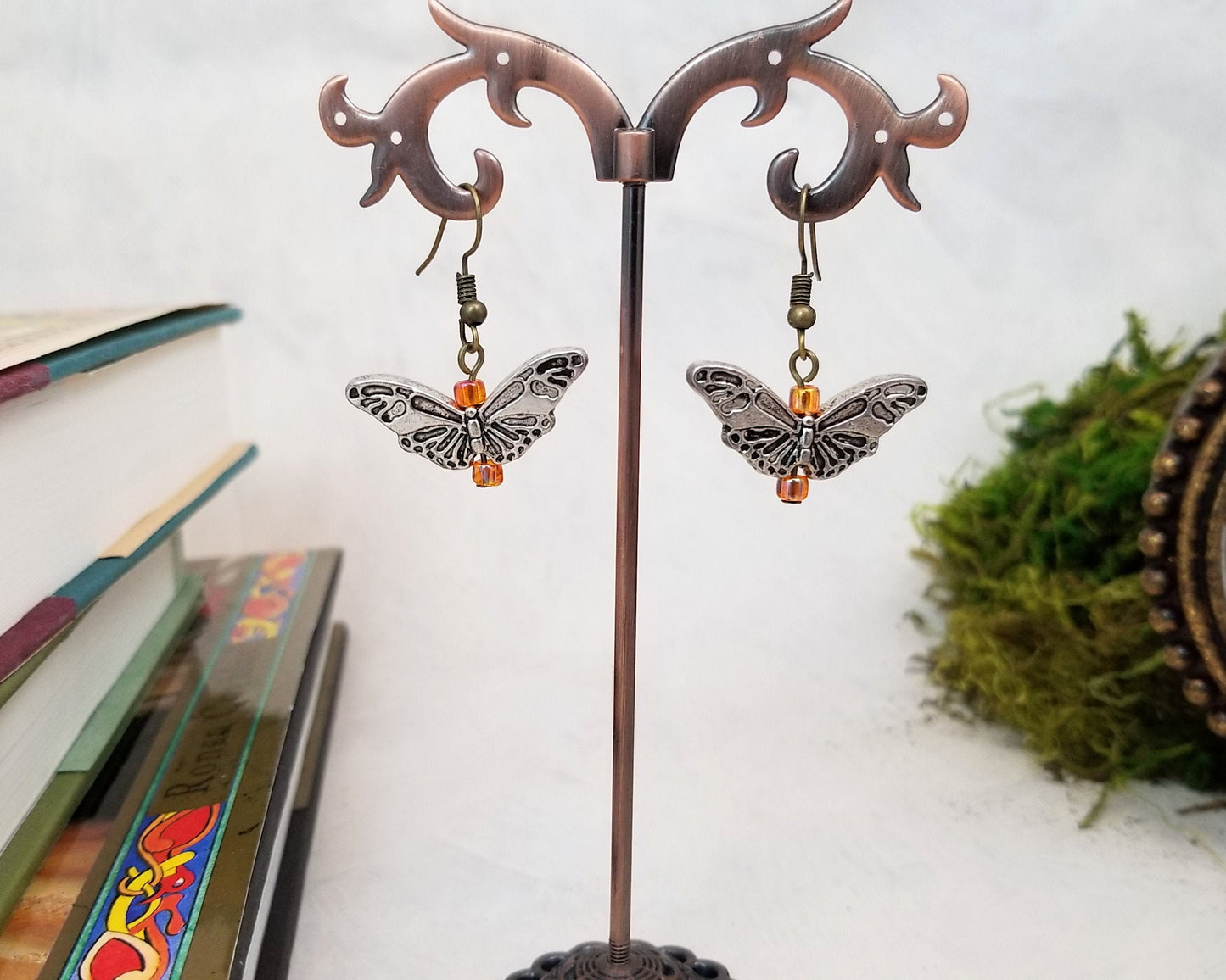 Silver Butterfly Earrings with Accent Beads, Boho, Bohemian, Gypsy, Art Nouveau, Wedding, Bridesmaid, Renaissance, Garden, Choice of Colors