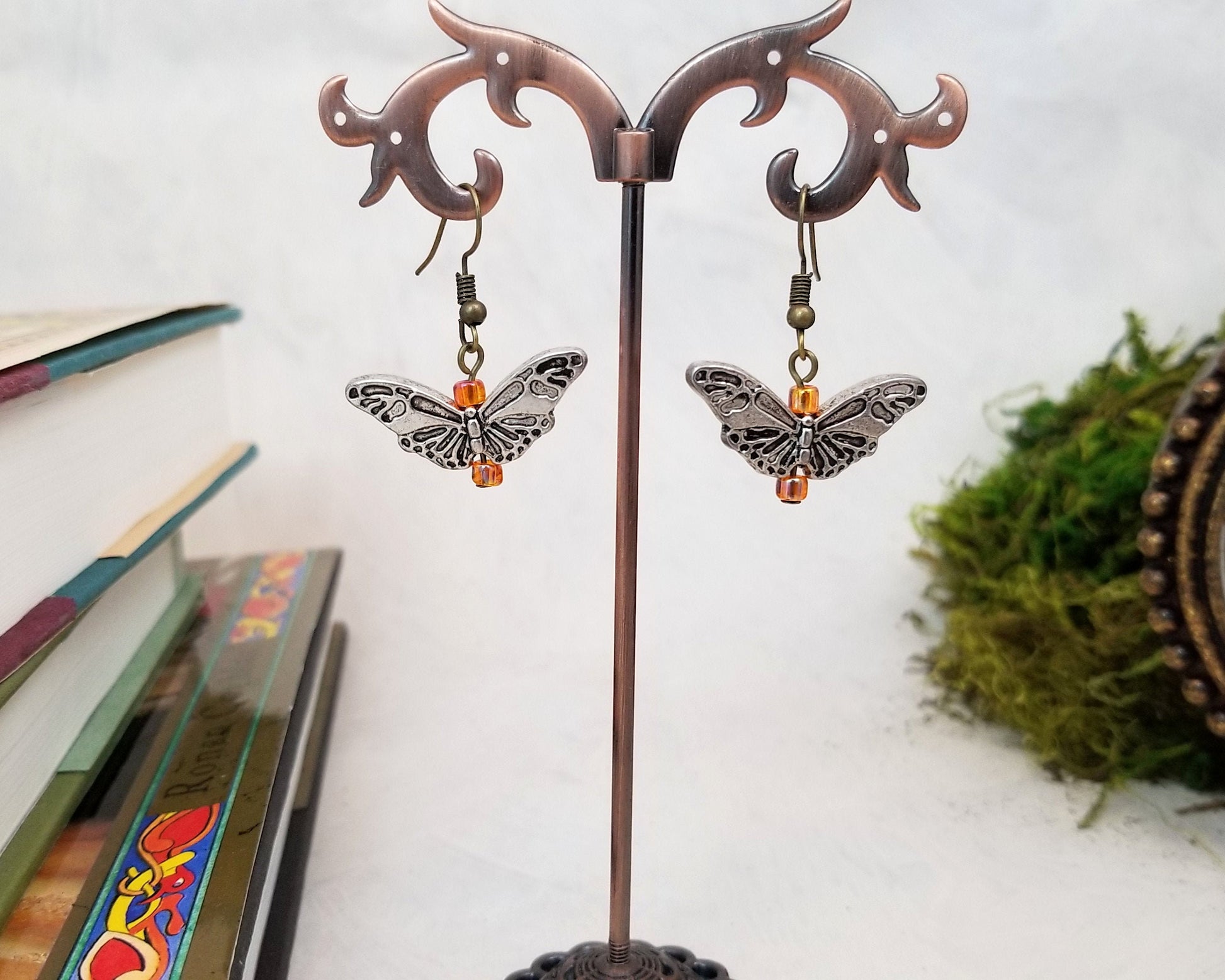 Silver Butterfly Earrings with Accent Beads, Boho, Bohemian, Gypsy, Art Nouveau, Wedding, Bridesmaid, Renaissance, Garden, Choice of Colors