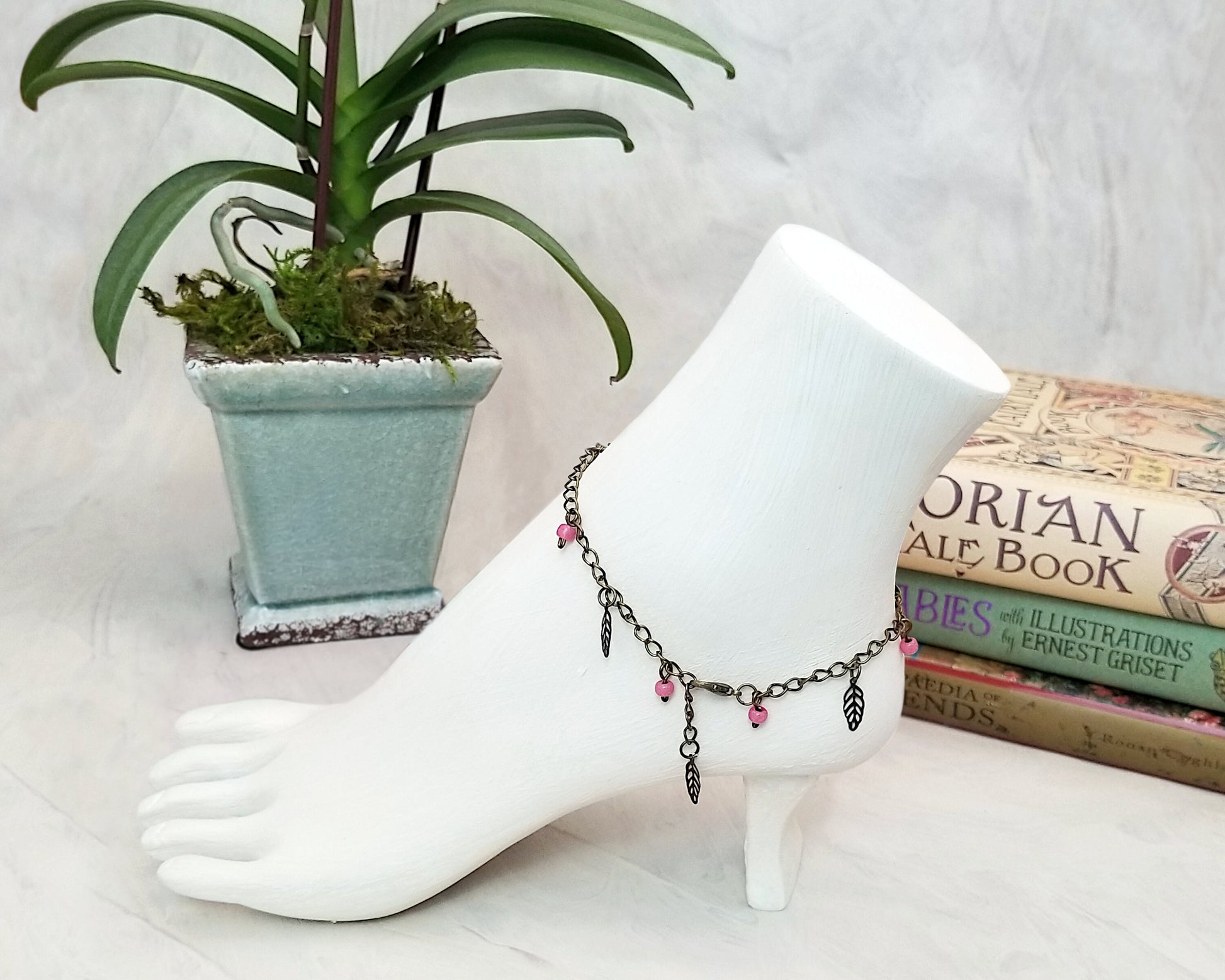 Chain Anklet or Bracelet in Pink, Adjustable, Beach, Boho, Bohemian, Gypsy, Steampunk, Choice of Colors and Metals