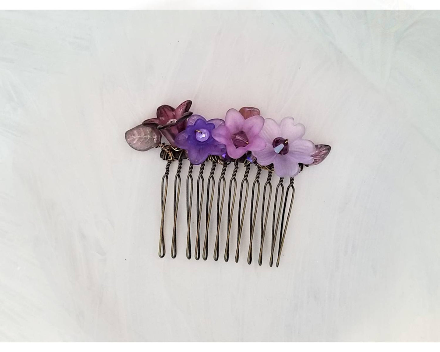 Wire Wrapped Lucite Flower Comb in Purple, Bridesmaid, Wedding, Floral, Garden, Party, Boho, Bohemian, Choice of Colors and Metals