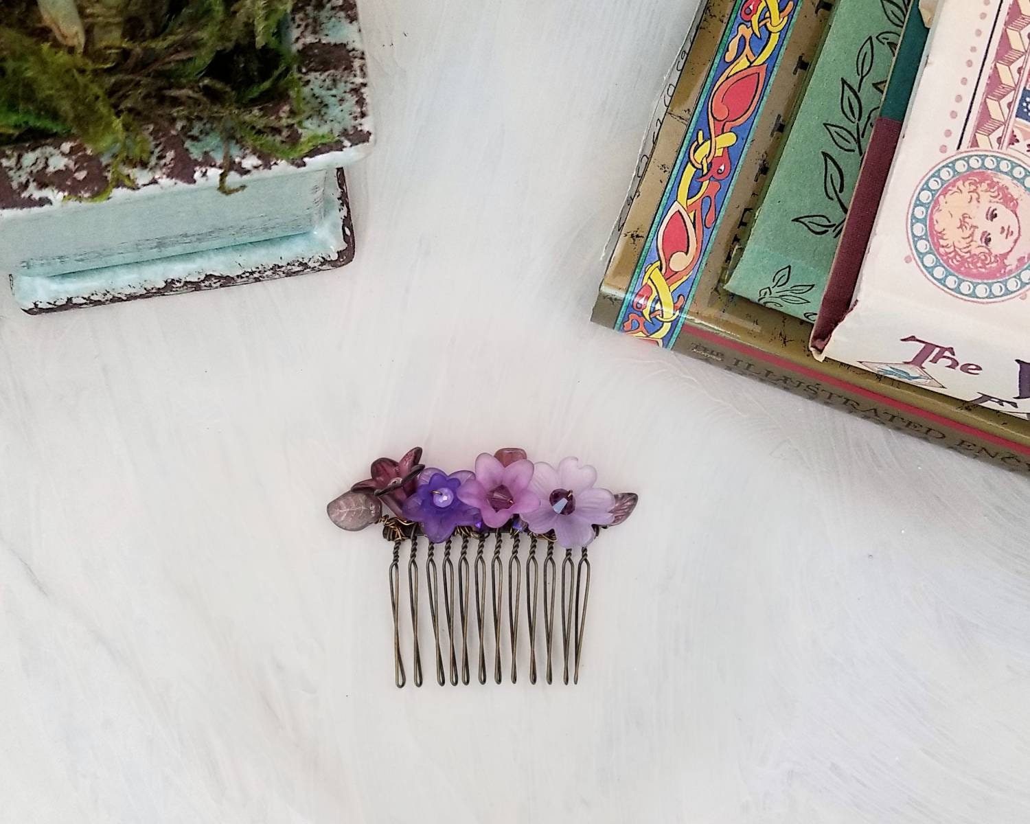 Wire Wrapped Lucite Flower Comb in Purple, Bridesmaid, Wedding, Floral, Garden, Party, Boho, Bohemian, Choice of Colors and Metals
