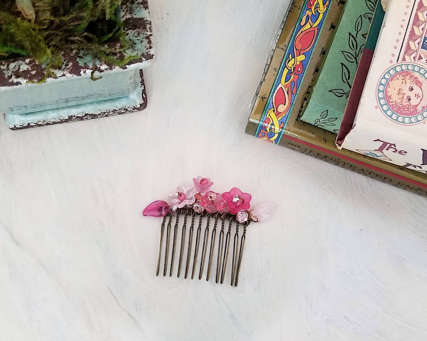 Wire Wrapped Lucite Flower Comb in Pink, Bridesmaid, Wedding, Floral, Garden, Party, Boho, Bohemian, Choice of Colors and Metals