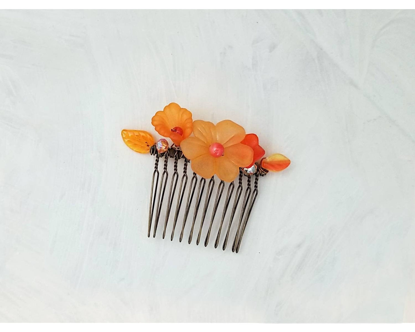 Wire Wrapped Lucite Flower Comb in Orange, Bridesmaid, Wedding, Floral, Garden, Party, Boho, Bohemian, Choice of Colors and Metals