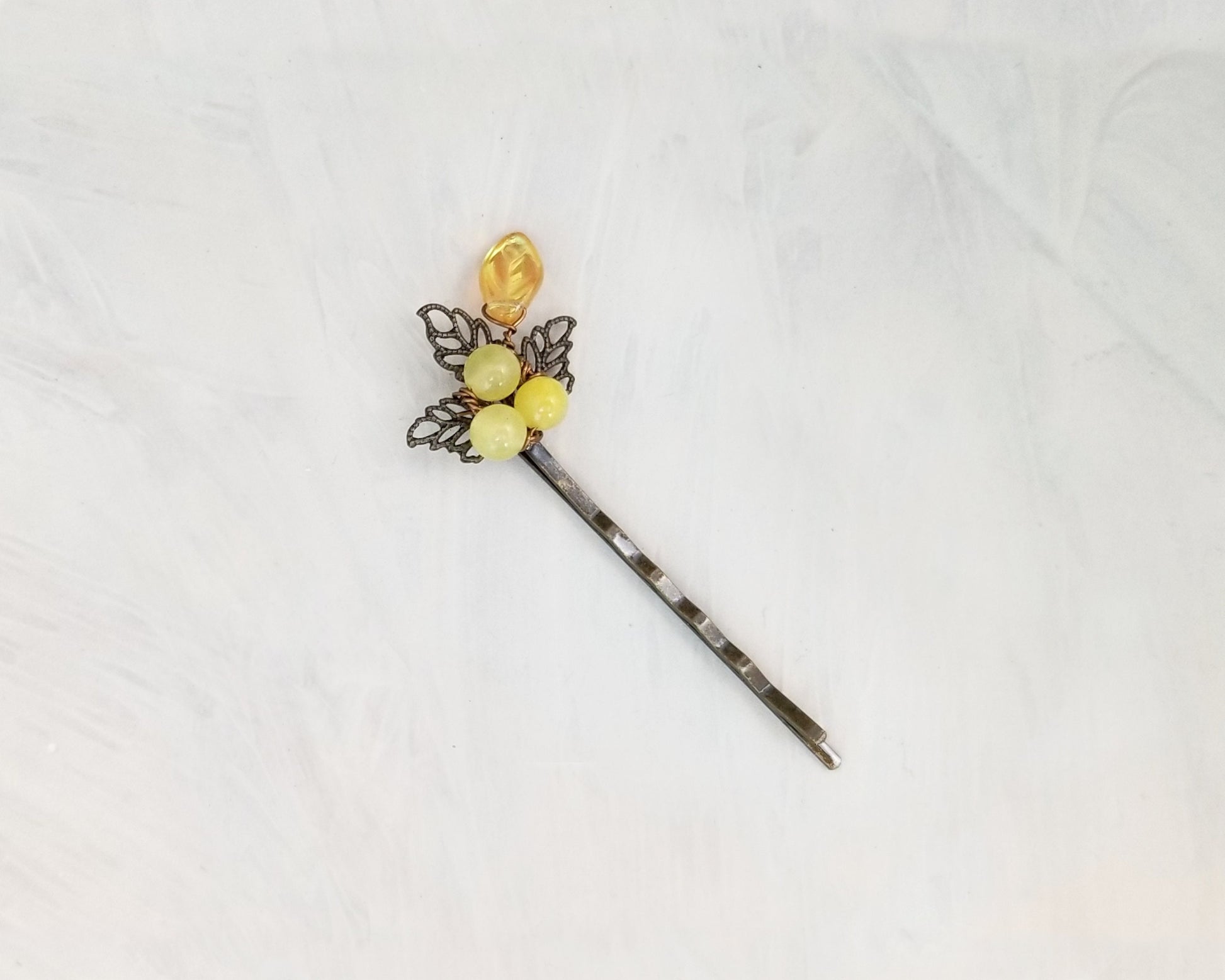 Wire Wrapped Beaded Bobby Pin / Hair Pin in Yellow, Bridesmaid, Wedding, Floral, Garden, Party, Boho, Bohemian, Choice of Colors and Metals