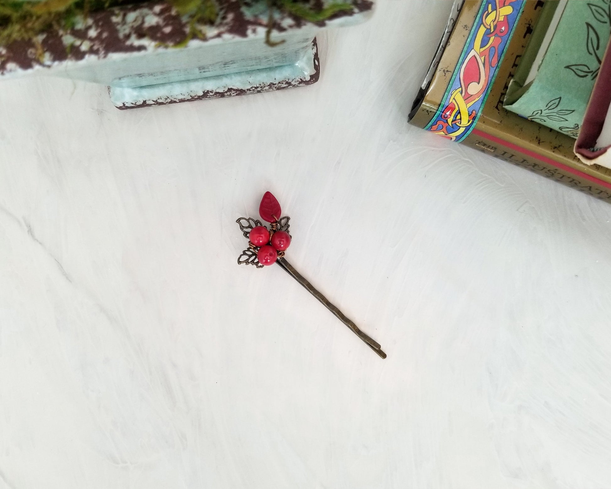 Wire Wrapped Beaded Bobby Pin / Hair Pin in Red, Bridesmaid, Wedding, Floral, Garden, Party, Boho, Bohemian, Choice of Colors and Metals