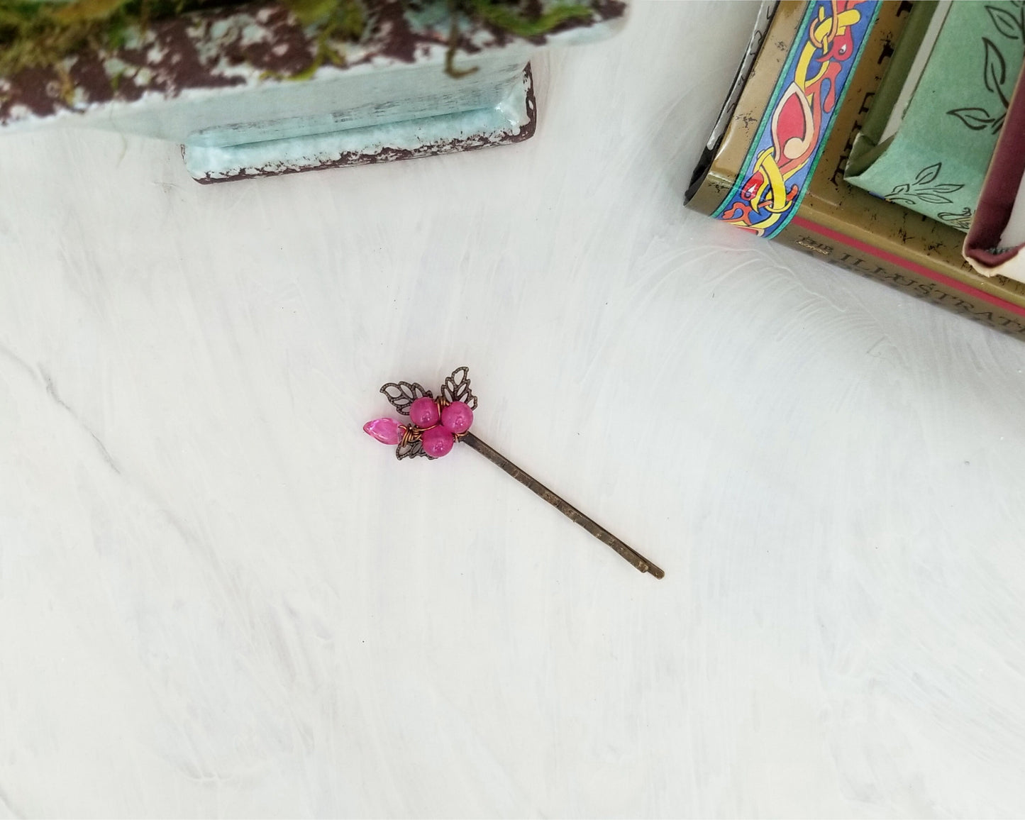Wire Wrapped Beaded Bobby Pin / Hair Pin in Pink, Bridesmaid, Wedding, Floral, Garden, Party, Boho, Bohemian, Choice of Colors and Metals