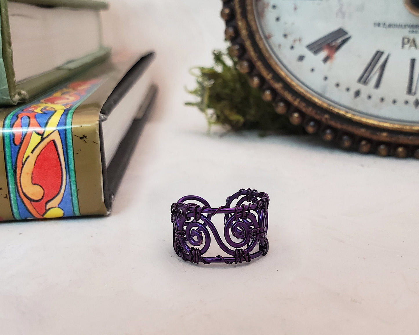 Wire Wrapped Ring With Filigree Scroll Design, Unisex, Celtic, Renaissance, Medieval, Blues, Purples, Reds, Choice of Unusual Colors