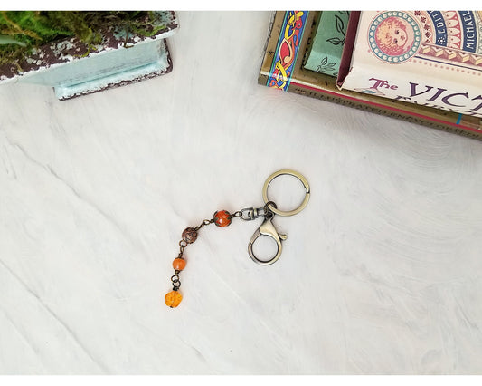 Key Ring with Wire Wrapped Fob in Orange, Garden, Party, Renaissance, Medieval, Fairytale, Choice of Colors and Metals