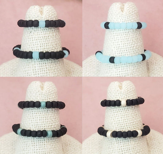 Elastic Rings in Black + Blues + Matte Silver, Set of 2, Simple, Boho, Bohemian, Minimalist, Stackable, Choice of Colors, Group T