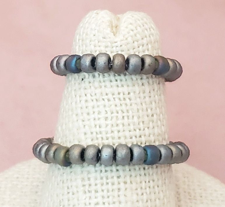 Elastic Rings in Pewter Silver & Rainbow Gray, Set of 2, Simple, Boho, Bohemian, Minimalist, Stackable, Choice of Colors, Group W