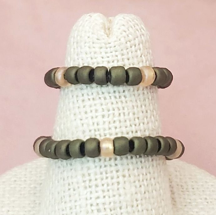 Elastic Rings in Earthy Khaki Green + Gold + Black, Set of 2, Simple, Boho, Bohemian, Minimalist, Stackable, Choice of Colors, Group DD